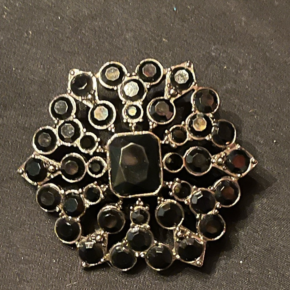 Liz Claiborne Black Rhinestone Cluster Silver Tone Brooch